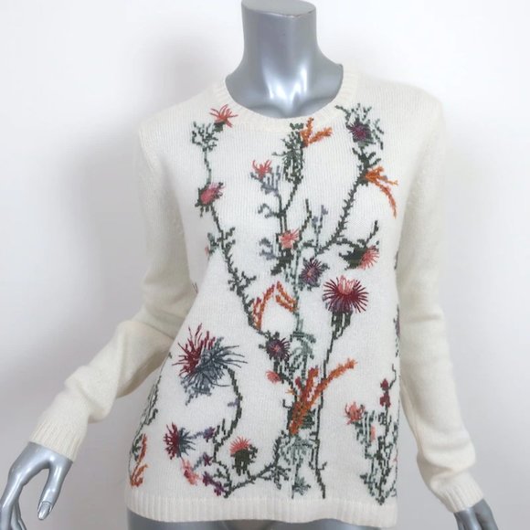 Christian Dior Floral-Embroidered Cashmere Sweater Cream Size 42 - Picture 1 of 8